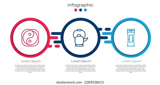 Set line Yin Yang, Kettle with handle and Bottle of shampoo. Business infographic template. Vector