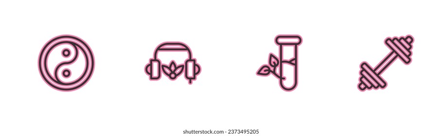Set line Yin Yang, Laboratory glass and leaves, Headphones for meditation and Dumbbell icon. Vector