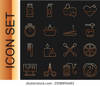 Set line Yin Yang, Leaf plant nature, Honey dipper stick and bowl, Bar of soap with foam, Bathtub, Stopwatch, Bottle milk and Scented spa icon. Vector