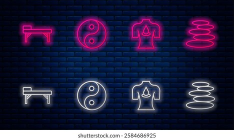 Set line Yin Yang, Massage with aroma oils, table and Stack hot stones. Glowing neon icon on brick wall. Vector