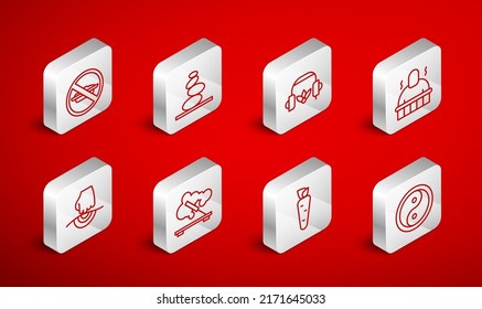 Set line Yin Yang, Stack hot stones, Headphones for meditation, Sauna and spa procedures, Carrot, Food no diet, Scented stick and Massage icon. Vector