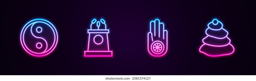 Set line Yin Yang, Stage stand or tribune, Jainism Jain Dharma and Stack hot stones. Glowing neon icon. Vector