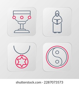 Set line Yin Yang, Star of David necklace on chain, Monk and Christian chalice icon. Vector