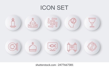 Set line Yin Yang, Star and crescent, Hindu swastika, Decree, paper, parchment, scroll, Burning candle, Church building, tower and Christian fish icon. Vector