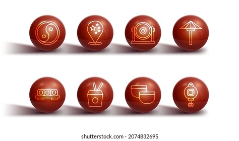 Set line Yin Yang, Sushi on cutting board, Japanese umbrella from the sun, Chinese tea ceremony, Noodles box and chopsticks, China flag, paper lantern and Gong icon. Vector