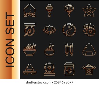 Set line Yin Yang, Sushi, Chinese Yuan currency, paper lantern, Lotus flower, Gong, Peach fruit and  icon. Vector