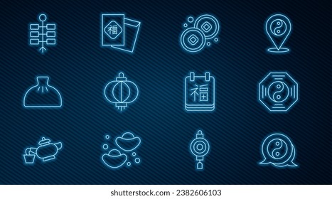 Set line Yin Yang symbol, Chinese Yuan currency, paper lantern, Dumpling, Firework, New Year and  icon. Vector