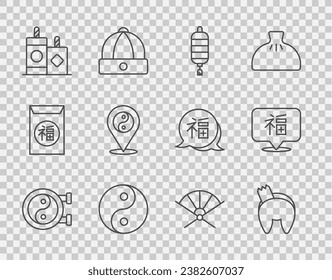 Set line Yin Yang symbol, Chinese fortune cookie, paper lantern, Firework, Traditional fan and New Year icon. Vector