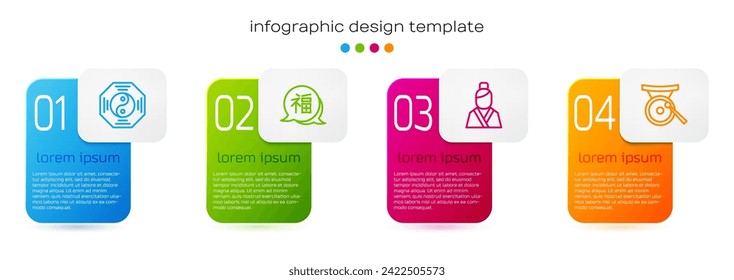 Set line Yin Yang symbol, Chinese New Year, Asian woman and Gong musical instrument. Business infographic template. Vector
