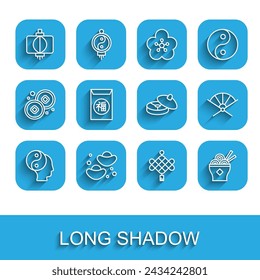 Set line Yin Yang symbol, Chinese fortune cookie, paper lantern, Asian noodles bowl, New Year, Traditional fan and tea ceremony icon. Vector