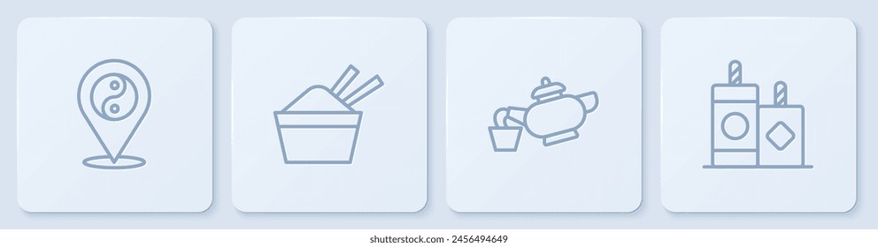 Set line Yin Yang symbol, Chinese tea ceremony, ice bowl with chopstick and Firework. White square button. Vector