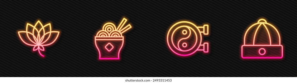 Símbolo Yin Yang, flor de loto, tazón de fideos asiáticos y sombrero chino. Icono de neón brillante. Vector