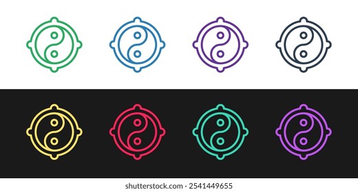 Establecer la línea Yin Yang símbolo de armonía y el icono de equilibrio aislado en el fondo blanco y negro.  Vector