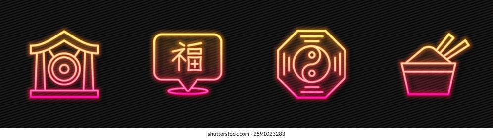 Set line Yin Yang symbol, Gong musical instrument, Chinese New Year and ice bowl with chopstick. Glowing neon icon. Vector