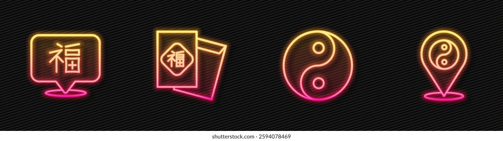 Set line Yin Yang symbol, Chinese New Year,  and . Glowing neon icon. Vector