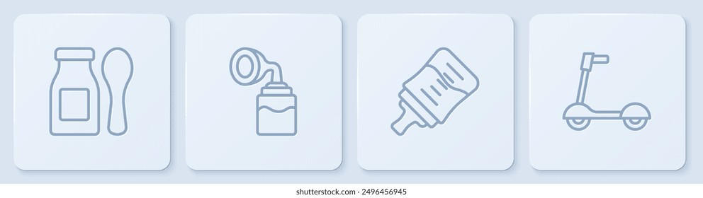 Set Linie Jogurt in Flasche mit Löffel, Baby, Brustpumpe und Roller. Weißer quadratischer Knopf. Vektorgrafik