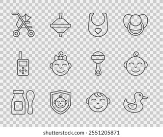 Set línea Yogur en botella con cuchara, pato de goma, babero de bebé, escudo, cochecito, cabeza de niña, niño e icono. Vector