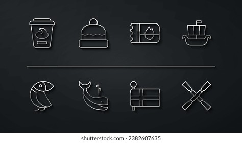 Set line Yogurt container, Albatross, Viking ship Drakkar, Flag of Iceland, Whale, Beanie hat, Oars or paddles boat and Ticket icon. Vector