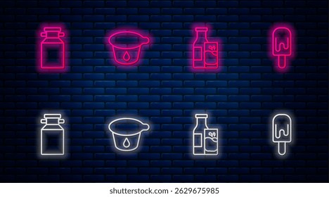 Set line Yogurt container, Bottle milk and glass, Can for and Ice cream. Glowing neon icon on brick wall. Vector