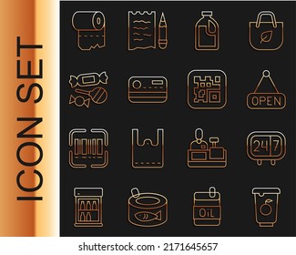 Set line Yogurt container, Clock 24 hours, Hanging sign with Open, Bottle for cleaning agent, Credit card, Candy, Toilet paper roll and QR code icon. Vector