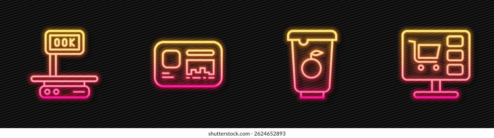 Set line Yogurt container, Electronic scales, Identification badge and Shopping cart computer. Glowing neon icon. Vector