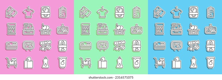 Set line Yogurt container, Fish plastic tray, Identification badge, Meat packaging steak, Cash register machine, Commercial refrigerator, POS terminal and Electronic scales for product icon. Vector