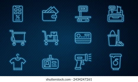 Set Linie Jogurt-Behälter, Mopp und Eimer, Elektronische Waage, Hand-LKW-Boxen, Einkaufswagen, Prozent Rabatt mobil, Kreditkarte und Geldbörse mit Geld-Symbol. Vektor