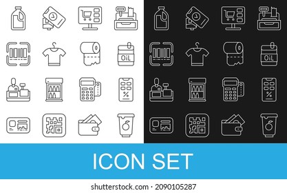 Set line Yogurt container, Percent discount and mobile, Bottle of olive oil, Shopping cart computer, T-shirt, Scanner scanning bar code, for cleaning agent and Toilet paper roll icon. Vector