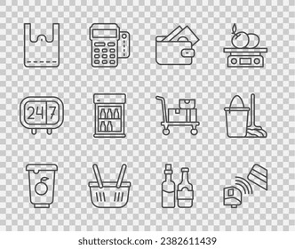 Set line Yogurt container, POS terminal with credit card, Wallet money, Shopping basket, Paper shopping bag, Commercial refrigerator, Whiskey bottle and Mop and bucket icon. Vector