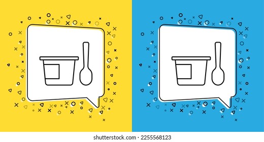 Stellen Sie die Linie Yogurt-Container mit Löffelsymbol einzeln auf gelbem und blauem Hintergrund ein. Jogurt in Plastiktasse.  Vektorgrafik