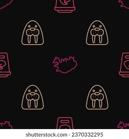Set line Yogurt container, Walrus animal and Map of Iceland on seamless pattern. Vector