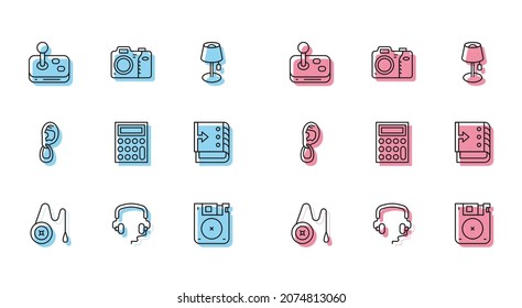 Set line Yoyo toy, Headphones, Joystick, Floppy disk, Calculator, Sound mixer controller, Ear with earring and Photo camera icon. Vector