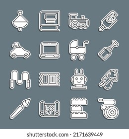 Set line Yoyo toy, Toy horse, Shovel, train, Laptop, Radio controlled car, Whirligig and Baby stroller icon. Vector