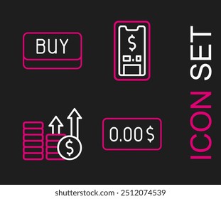 Set line Zero cost, Financial growth and dollar, Mobile with and Buy button icon. Vector