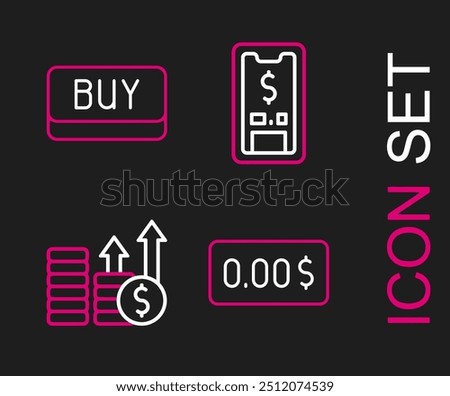 Set line Zero cost, Financial growth and dollar, Mobile with and Buy button icon. Vector