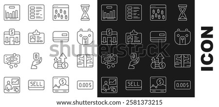 Set line Zero cost, Stacks paper money cash, Bear market, Bitcoin in browser, Identification badge, Bank building, Pie chart infographic and Credit card icon. Vector