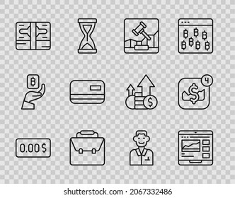 Set Line Zero Cost, Trading Courses, Online Internet Auction, Briefcase, Stacks Paper Money Cash, Credit Card, Trader And Mobile Stock Trading Icon. Vector