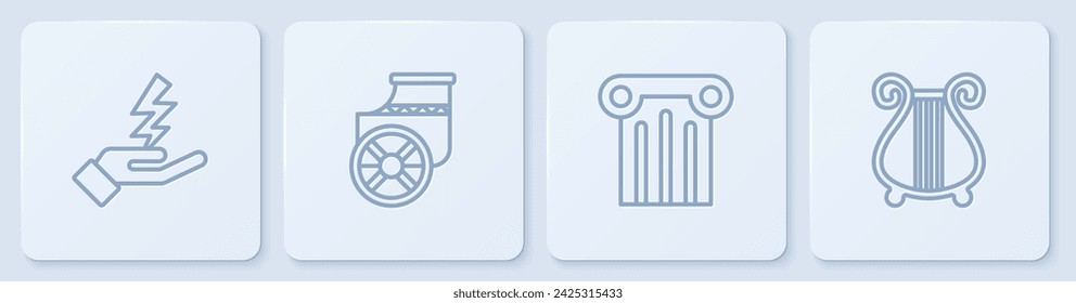 Set line Zeus, Ancient column, chariot and lyre. White square button. Vector