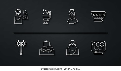 Set line Zeus, mittelalterliche Axt, griechische antike Schale, Sokrates, Trireme, antike Amphoren, olympische Ringe und Büste Skulptur Ikone. Vektorgrafik