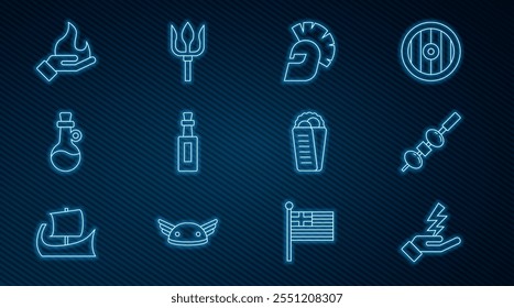 Set line Zeus, Olive and cheese on chopstick, Greek helmet, Bottle of olive oil, Hand holding fire, Gyros Pita and Neptune Trident icon. Vector