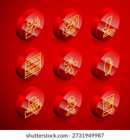 Set line Zeus, anillos olímpicos, sandalia Hermes, patrón griego antiguo, rama de olivos, arco medieval, trirreme y busto icono de escultura. Vector