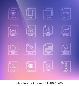 Set line ZIP file document, OGG, SVG, TIFF, PHP, EML, MAX and EPS icon. Vector