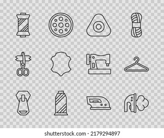Set line Zipper, Electric iron, Sewing chalk, thread spool, Leather,  and Hanger wardrobe icon. Vector