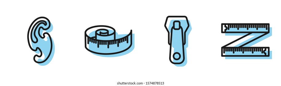 Set line Zipper, French curves, Tape measure and Tape measure icon. Vector