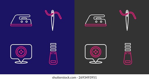 Definir linha Zíper, Localização alfaiate loja, Agulha para costura com fio e ícone de ferro elétrico. Vetor