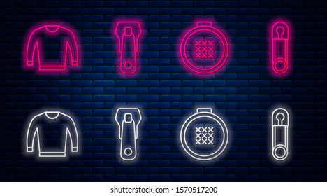 Set line Zipper, Round adjustable embroidery hoop, Sweater and Classic closed steel safety pin. Glowing neon icon on brick wall. Vector