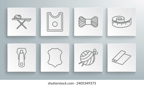 Set line Zipper, Sewing Pattern, Leather, Yarn ball with knitting needles, Textile fabric roll, thread on spool, Tape measure and Electric iron and ironing board icon. Vector