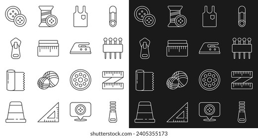 Set line Zipper, Tape measure, Needle for sewing, Sleeveless T-shirt, Sewing button and Electric iron icon. Vector
