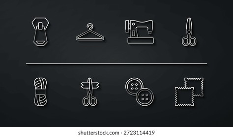 Definir linha Zíper, Fio, Tesoura, Botão de costura, Guarda-roupa de cabide, Rolo de tecido têxtil e ícone da máquina. Vetor
