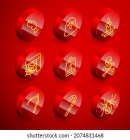 Set line Zombie finger, Ghost, Burning candle, Spider web, Camping lantern, Skull on crossbones, Scythe and Christmas candy cane icon. Vector